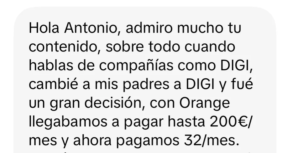Mensaje de una persona satisfecha con el asesoramiento sobre su tarifa